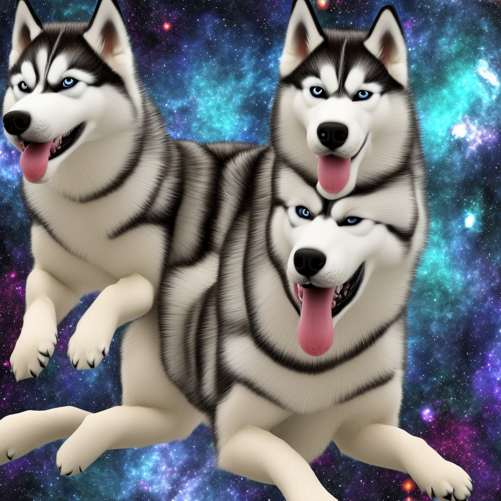 a photo realistic, 3D, hyper realistic, and highly detailed husky dog in space, set against a galaxy background. The husky should be depicted in a studio lighting setting, with attention paid to the details of its fur, muscle structure, and features. The husky should have a distinctive feature of having two different eye colors. The galaxy background should be rich in color and depth, with swirling nebulas, stars, and other celestial bodies. The overall composition should be balanced and visually striking, capturing the wonder and awe of the husky exploring the vast expanse of space.
