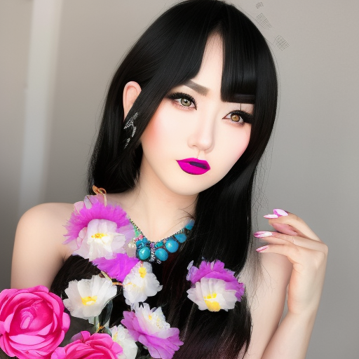 fada japonesa sexy com nariz delicado, labios grande cabelo cinza e roxo com bolinhas magicas e particulas, maquiagem com delineado sombra roxa com petalas de flores ao redor em uma floresta