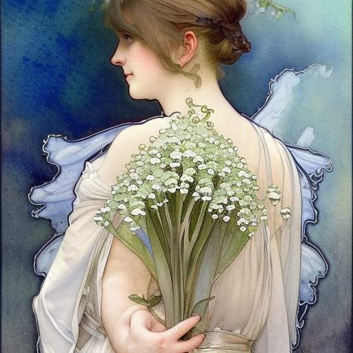 a beautiful intricate watercolor painting of lily of the valley, reflexions, very high details by william turner art, greg rutkowski and alphonse mucha, trending on art station, very very detailed, masterpiece, - h 7 0 4