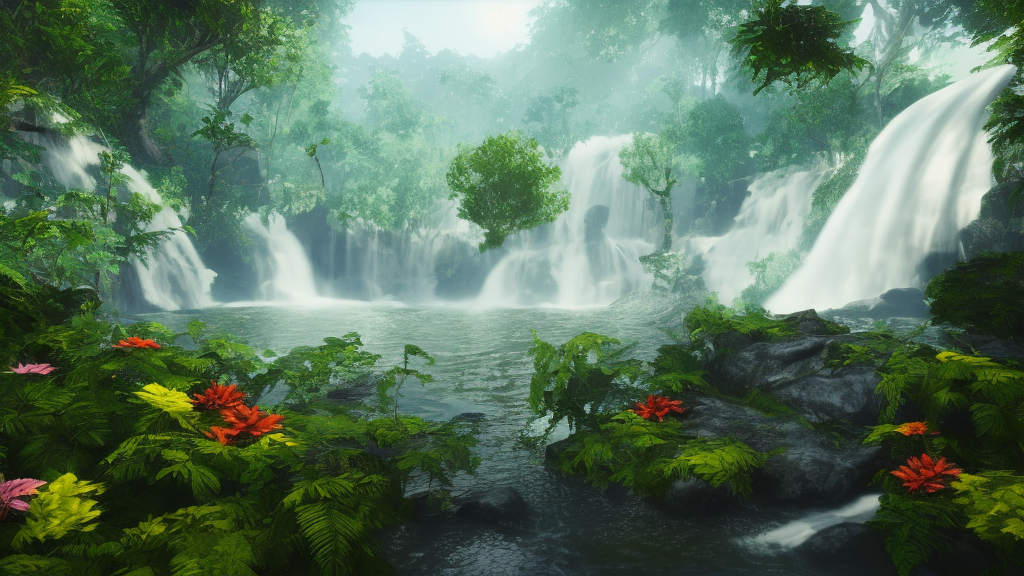 beautiful jungle environment, waterfall, high trees, flowers, sunset, mystic, unreal engine 5, global illumination, mountains in the background, raytracing, 8 k, hyper realistic, trending on artstation