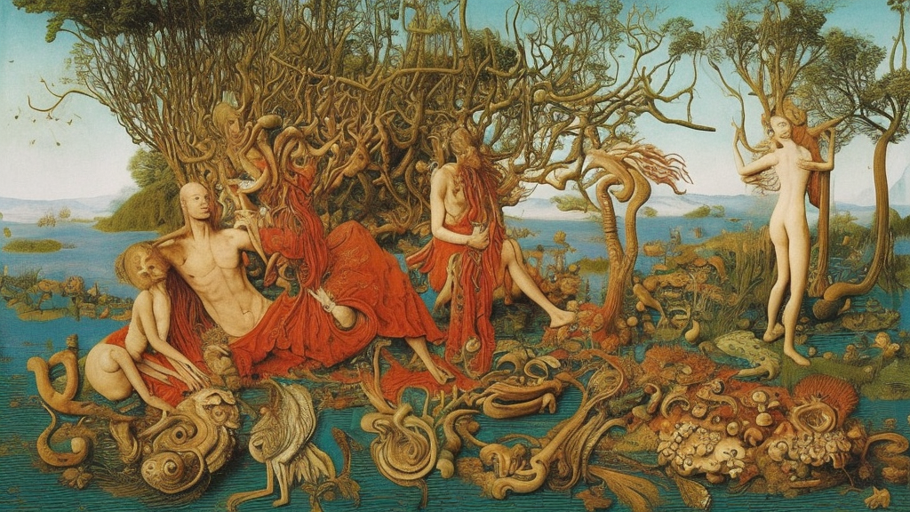a portrait photograph of a meditating harpy and a centaur king riding winged serpents and hugging animals at a river delta. surrounded by mushrooms, animals and trees. mountains range under a blue sky of burning stars. painted by jan van eyck, max ernst, ernst haeckel and ernst fuchs, cgsociety, artstation, fashion editorial, 8 k