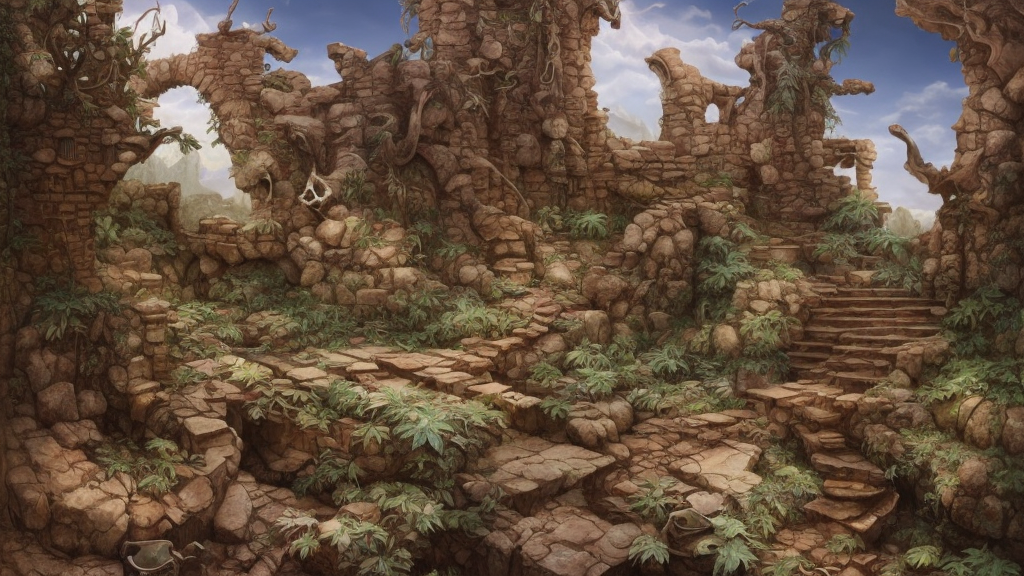 a fantasy desert oasis landscape, ruins, bones, grottoes, arid ecosystem, digital illustration by michael whelan and leyendecker and artgerm, intricate details, surreal, photorealistic, award winning