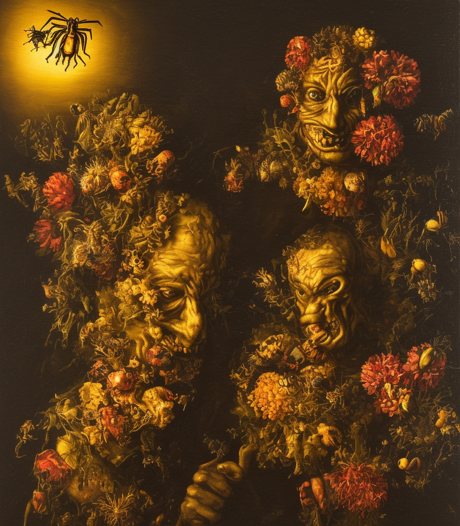oil painting portrait dark background of a mutant man with a strange disturbing face made of flowers and insects by otto marseus van schriek rachel ruysch christian rex van minnen dutch golden age dramatic lighting chiaroscuro
