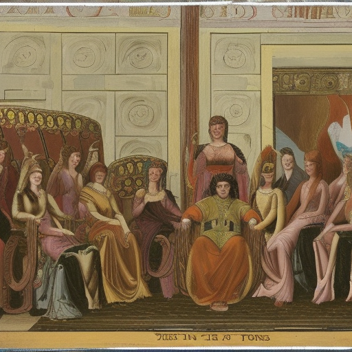 A king on his throne and ten women standing around him