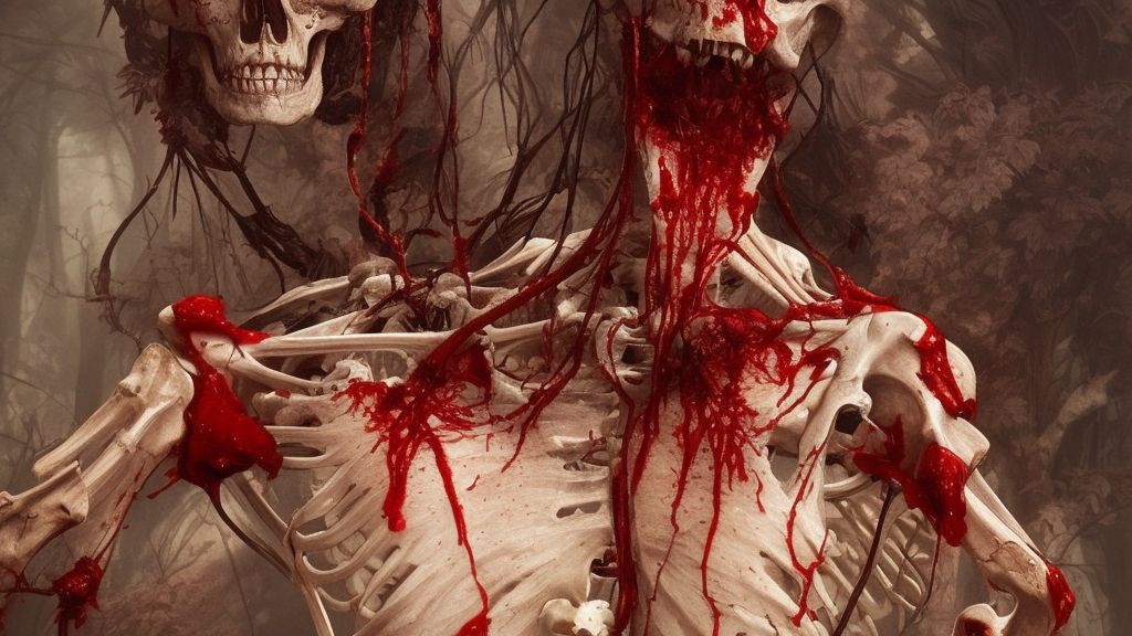human skeleton covered with blood, ultra realistic, concept art, intricate details, highly detailed, photorealistic, octane render, 8 k, unreal engine. art by artgerm and greg rutkowski and alphonse mucha