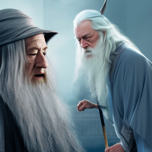 Gandalf versus Dumbledore hyper realistic and detailed fight 8K art station quality 