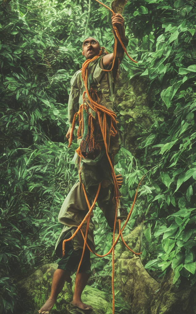 alchemist wearing dark green rope standing on a fish in jungle