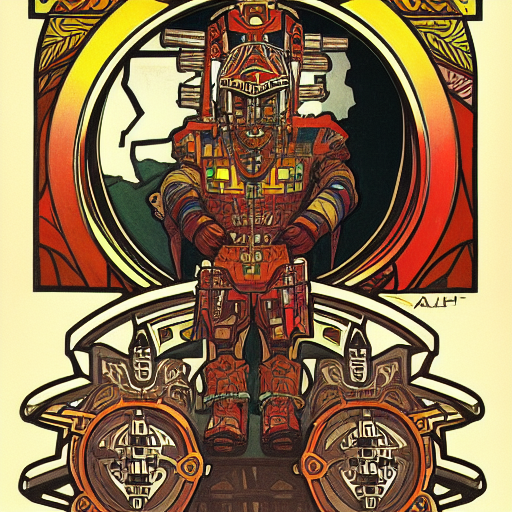 aztec power armor, by alphonse mucha