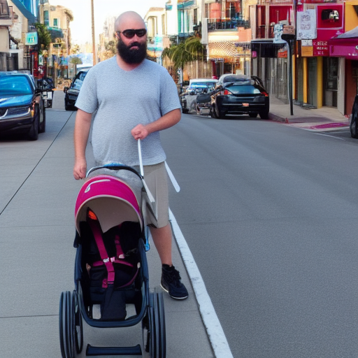 a guy with a beard walking a stroller and a little dog in north beach