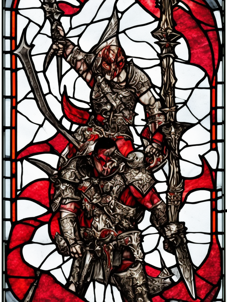 stained glass, a young aggressive evil demonic gladiator with a big demonic sword, Warhammer fantasy, Diablo, black and red, grim-dark, detailed