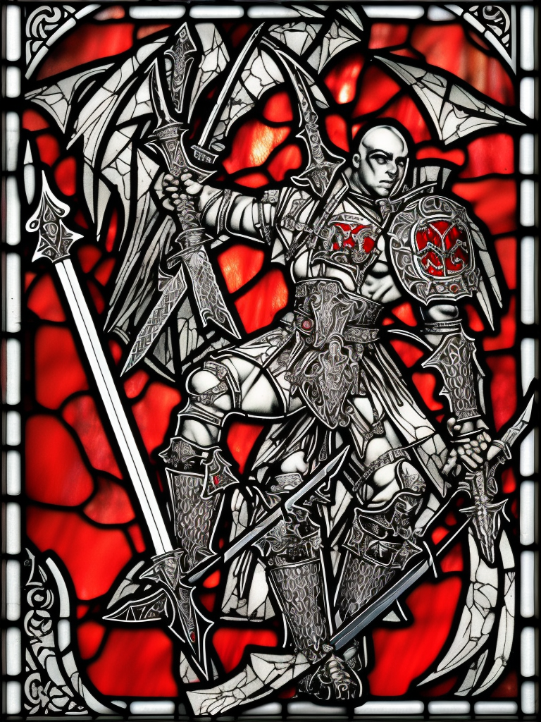 stained glass, a young aggressive evil demonic gladiator with a big demonic sword, Warhammer fantasy, Diablo, intricate details, black and red, grim-dark, detailed