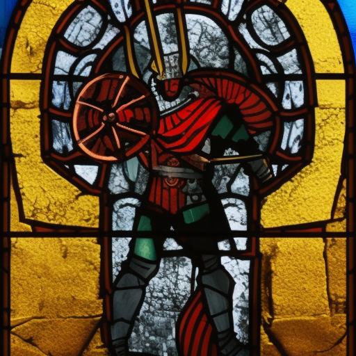 dark medieval, triumphant young evil gladiator overcoming a good gladiator, Path of Exile, Warhammer fantasy, black and red, gold and blue, stained glass, grim-dark, gritty