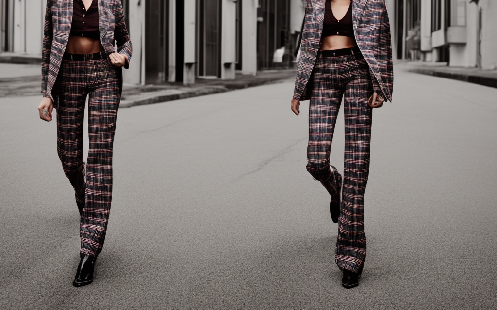very realistic full body fashion model dressed in plaid suit with flares and a large collar shaped to her body
