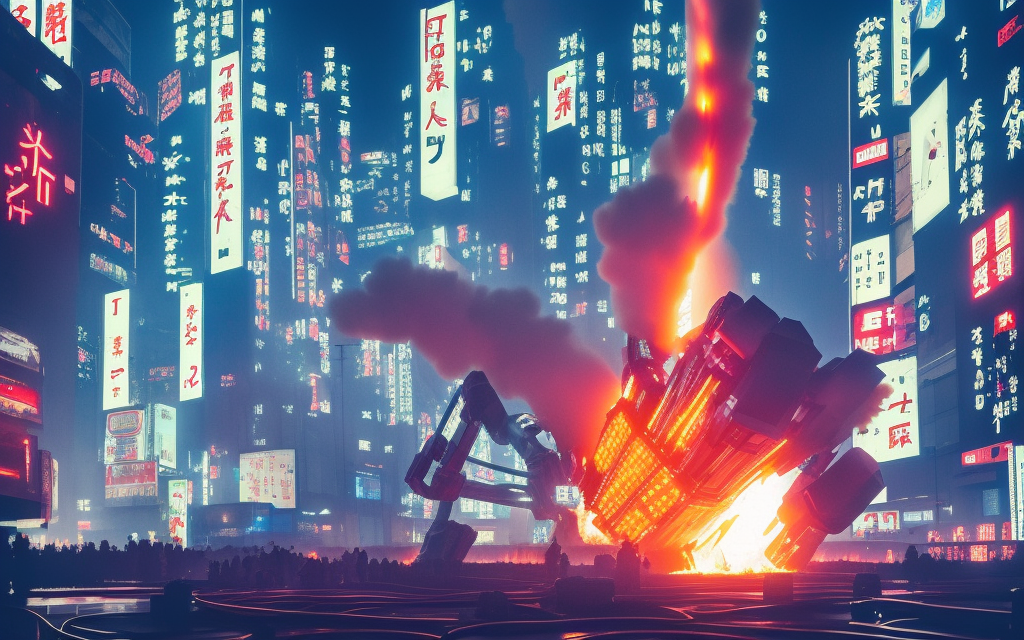 large battle robot firing missiles into blade runner tower city on fire and exploding, neon japanese billboards, blue sky

