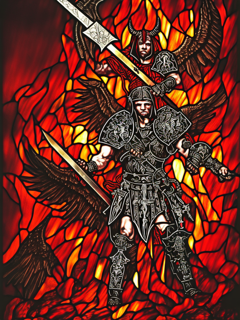 a young aggressive evil satanic triumphant gladiator with a big demonic sword, hellfire on a background, stained glass, Warhammer fantasy, black and red, grim-dark, detailed
