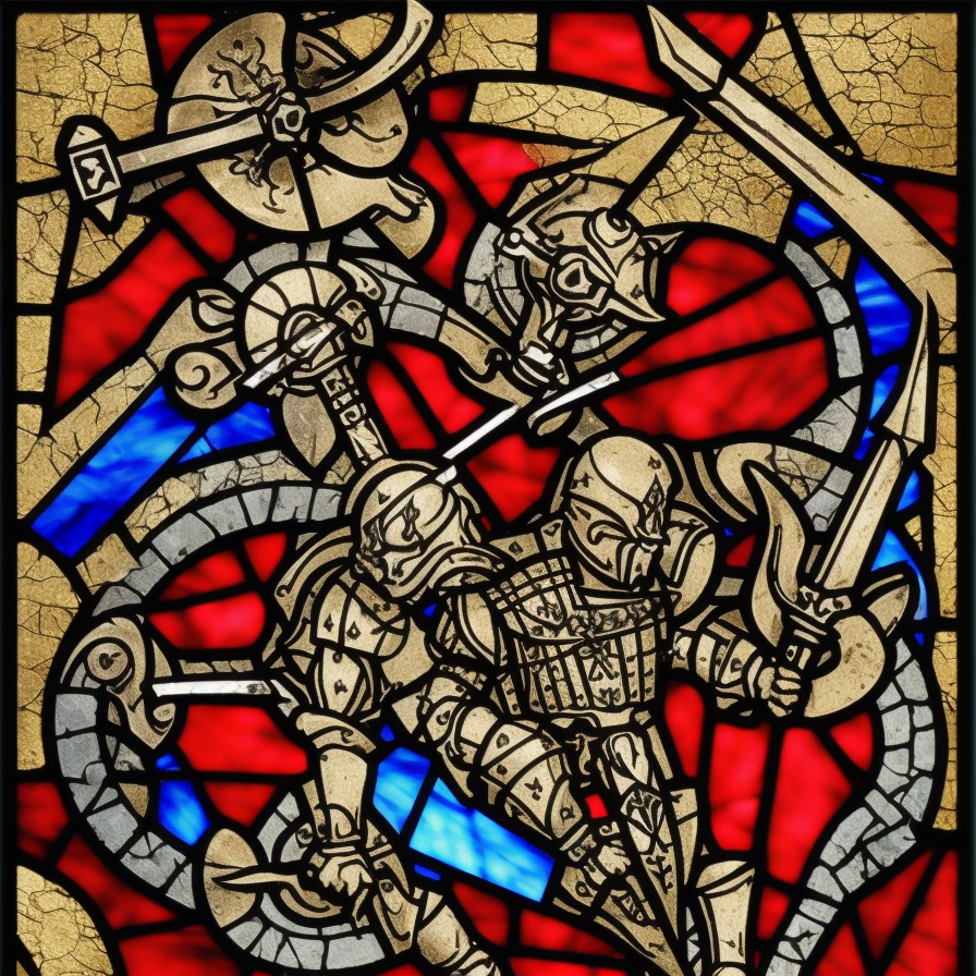 dark medieval, duel of two gladiators, Warhammer fantasy, stained glass, black and red, gold and blue, grim-dark, gritty