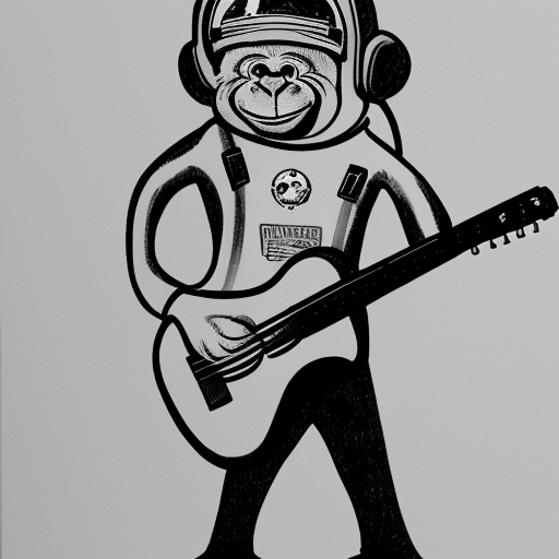 monkey playing guitar, with astronaut helmet black and white pencil illustration high quality