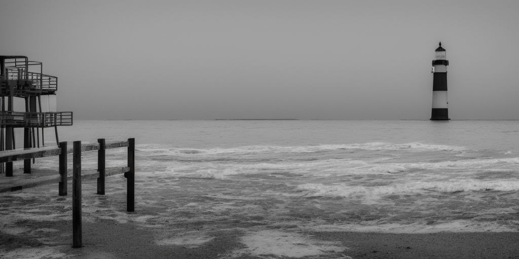 A grayscale drawing of a platform on a metal column directly in front of a Spiekerooge beach. This could be mistaken for a lighthouse, but this can only happen on clear, bright days. At night, the construct then clears itself up due to its lack of luminosity. Otherwise it is cloudy, but dry. On the horizon you can barely see the mainland. Directly in front of the tower, a sandbank with its highest hump tip pushes through the water surface.