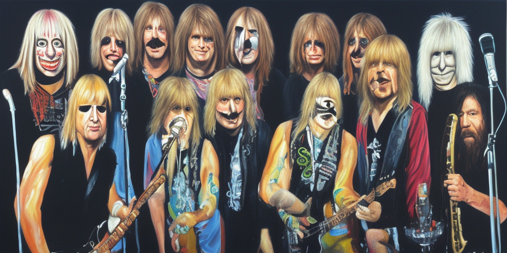 a painting of a living Microphone with an face on the stage with the Band Spinal Tap