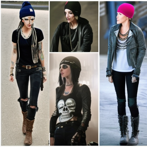 Skull shirt, Bullet necklace, black boots, short Blue hair with beanie. Katie Cassidy as Chloe Price Life Is Strange
