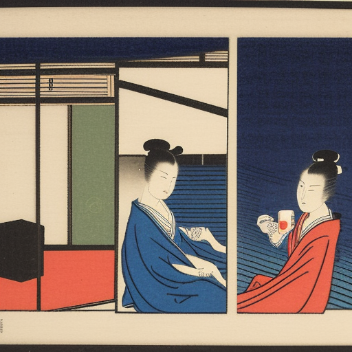 Boy and girl sitting on a rooftop terrace at night and girl with a coffee mug in her hand Ukiyo-e Japanese woodblock