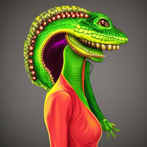 reptilian alien empress. with large headdress, in a royal palace. red cosmo in background. long yellow Dress. Green body skin. cyberpunk realistic, soft light