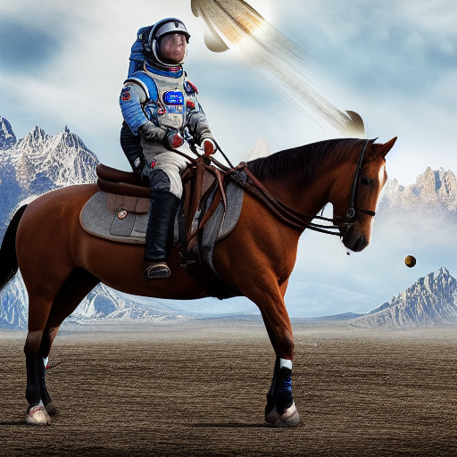 a horse sat, saddled, on horseback, an astronaut and rides him into space, mountain backdrop