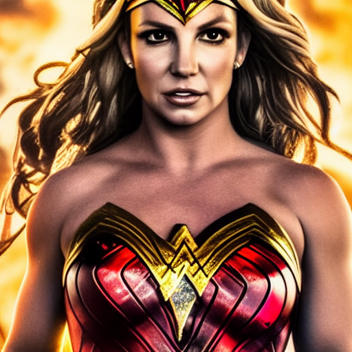 A wide angle shot of britney spears as Wonder Woman from Justice League movie  with headband and armor, stunning photorealistic image, 200mm F/2.0