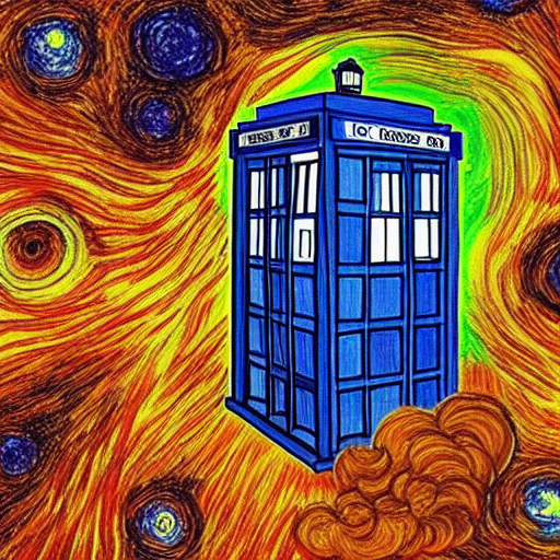 a tardis exploding by van gough, insanely detailed