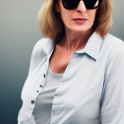 photo of a 47-year old attractive white woman wearing raybans in the style of Annie Leibovitz, realistic, professionally, professionally color graded, half body shot, sharp focus, 8k high definition, intricate, elegant, extreme bokeh, 
