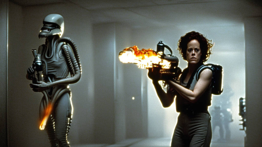 photo realistic sigourney weaver with a large flamethrower in aliens fighting xenomorphs in a futuristic dark corridor