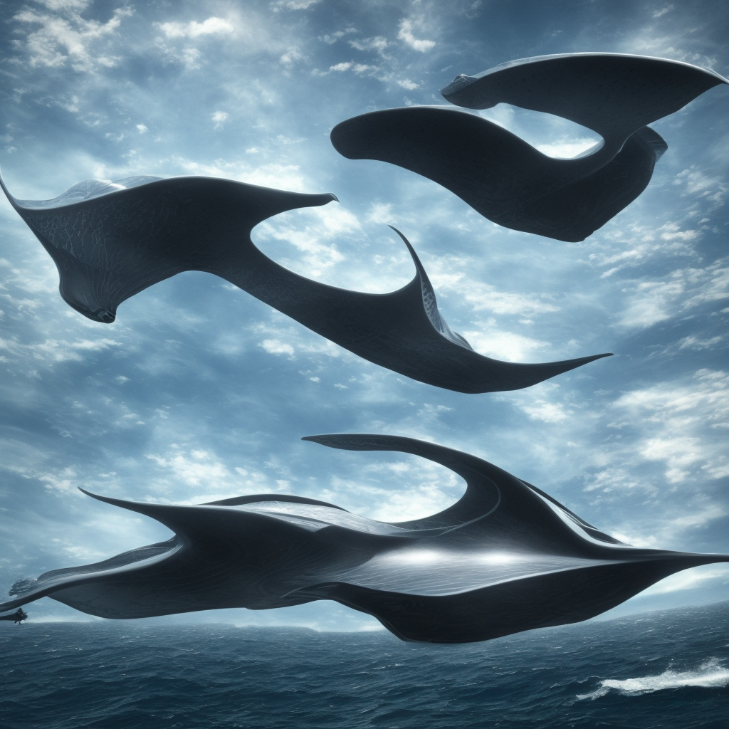 a manta ray shaped futuristic spaceship in a stunning landscape by Eng, Kilian, ultra-detailed, hyper-realistic, 8k,