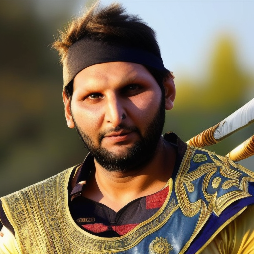shahid afridi in warrior costume in golden hour with golden background, close face