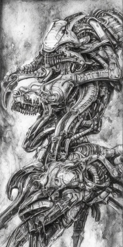 a H.R. Giger of First thought: Zerberus, he could be a good dog, a dog that is sometimes a bit much, but a good dog, that's what he could be. Second thought: Damn tank, damn sword, damn culture of war - all the damn stuff that forces me to run around fully armored. Third thought: ZERRRRBERUS, he's one of us, like me, one of those guys who was handed a sword without being asked. Gap in thoughts: Panting Fourth thought: OOOO ZERRREBERUSSS, Hades, he's really just like us, he just acts tough and strong on the outside. Gap in thoughts: Panting, panting Fifth thought: Let's be honest: He doesn't really act like that anymore, he lets others act, he uses us as figures who play his strength and size without him having to show himself. Sixth thought: Oh Zerberus, the life of another, that's what our lives have in common. Oh Zerberus, dog, you are doomed to live in the world of another because of your nature. Dogs don't have their own cultural problems, they just carry the ones that are attached to them. Gap in thoughts: Stop briefly, pant twice and then keep running.
