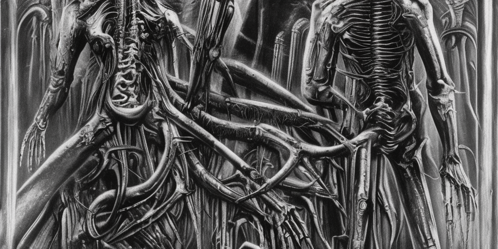 a H.R. Giger of "Back From The Dead" Give me reincarnation Or give me death We're back from the dead Climbing from the coffin We don't come here often Or so it is said We're back from the grave Recovered from our coma More body than aroma It's life that we crave 
