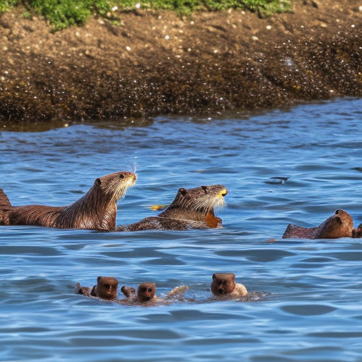 Otters with babies swimming in the tide with surfers watching 