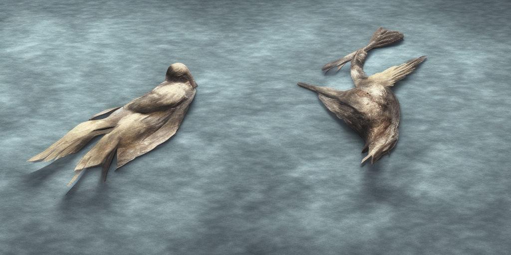 a 3d rendering of A bird's corpse in the water