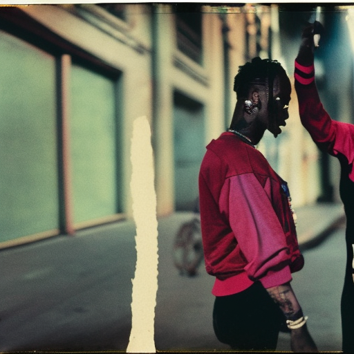 Travis Scott and Holly Woodlawn searching through trash in city street, vintage color polaroid by Andy Warhol ultra-realistic portrait cinematic lighting 80mm lens, 8k, photography bokeh