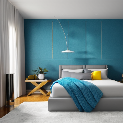 real photo perfect modern bedroom, elegant bedding and furnishings, yellow and sea blues, deep colors, lamps, flowers in vases, interior design photography, volumetric lighting