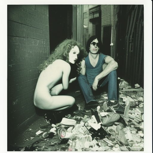 A polaroid photo of Joe Dallesandro and Holly Woodlawn looking through trash in an alley in Trash movie 1970