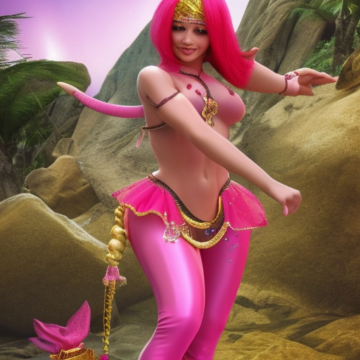 Realistic, high-quality, detailed, 8k, photorealistic, attractive, gorgeous, beautiful, feminine, female genie wearing extremely revealing pink genie outfit with red vest and pink hairband  summoned out of magic bottle on a deserted Island and is ready to grant your every wish