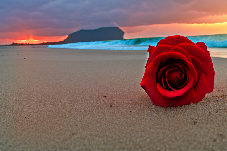 Red rose in a beautiful glasvase on a beach, in the background blue See with great waves an a mystical Sunset with rays