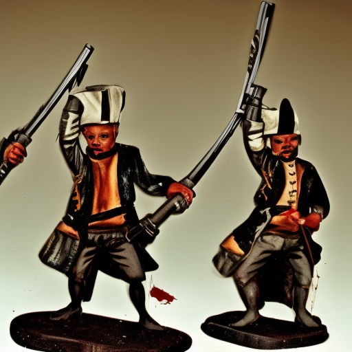 scary pirates with cuts and scratches on their face with musket in hands 