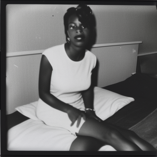 A polaroid photo of an African American woman sitting on a bed in a run down motel room, style 1965