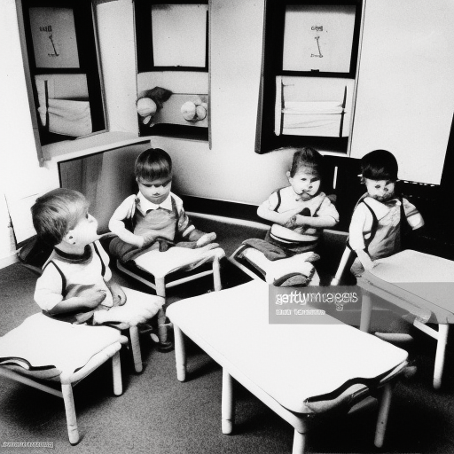 5 toddlers playing a nursery. Boys. Playing. 1960s. cloth diapers. day care center. cartoon