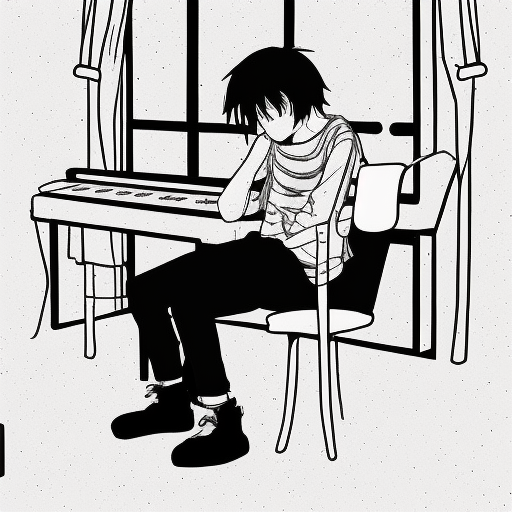 depressed boy in the music studio in black and white anime style