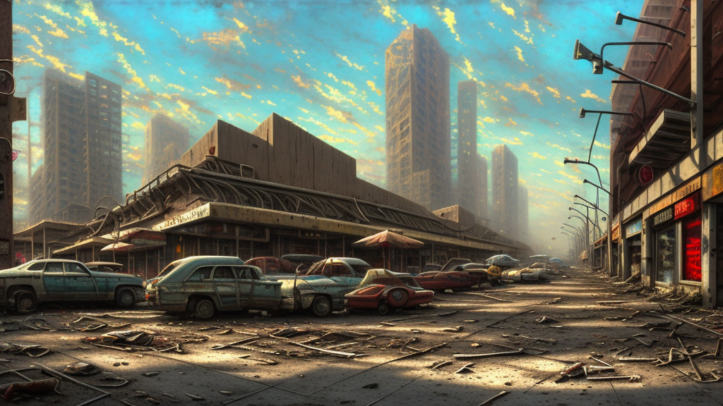 post apocalyptic shopping center, building, avenue, extremely detailed, sharp focus, fine details, realistic shaded, depth of field, colorful, modern contemporary americana concrete architecture, by thomas kinkade, pascal blanche, greg rutkowski, shaddy safadi, neil blevins, trending on artstation, high quality, photorealistic, blood stains, crumbling, silhouettes