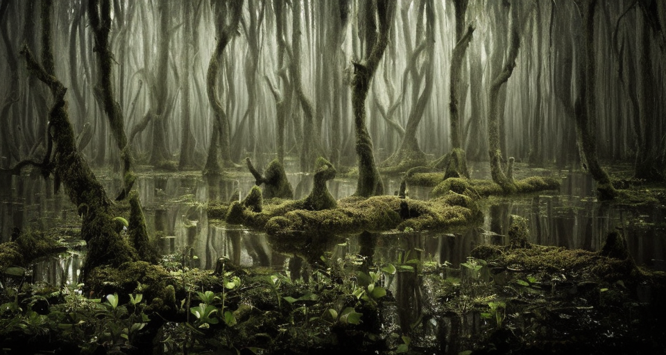 A dense and dark enchanted forest with a swamp, by Kirsty Mitchell