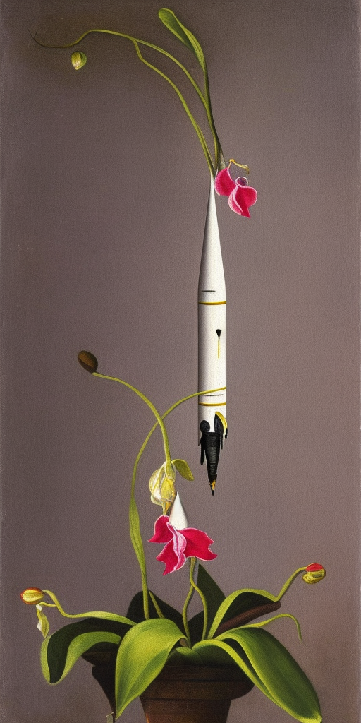a classicism painting of a rocket flies through an orchid