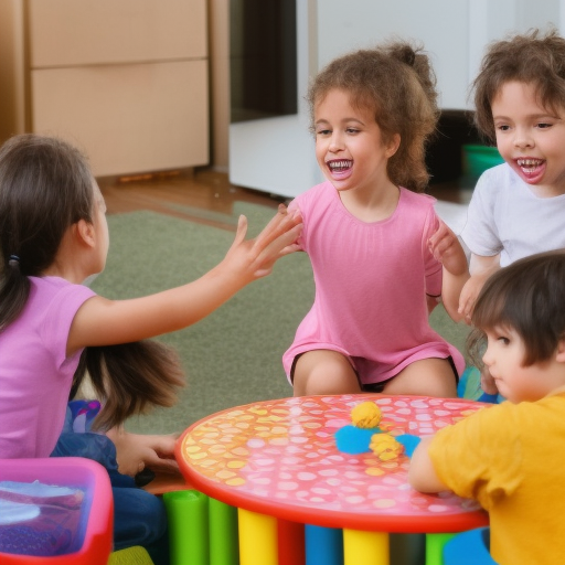 A photograph of a group of children playing together, with speech bubbles showing different ways to ask for a turn or share toys.
